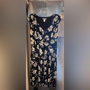 London Times Black Dress with White and Blue Floral Accents